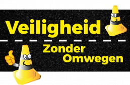 Illustratie met verkeerskegels en de tekst ‘Veiligheid Zonder Omwegen’ als veiligheidsmotto van Versluys Verkeerstechniek.